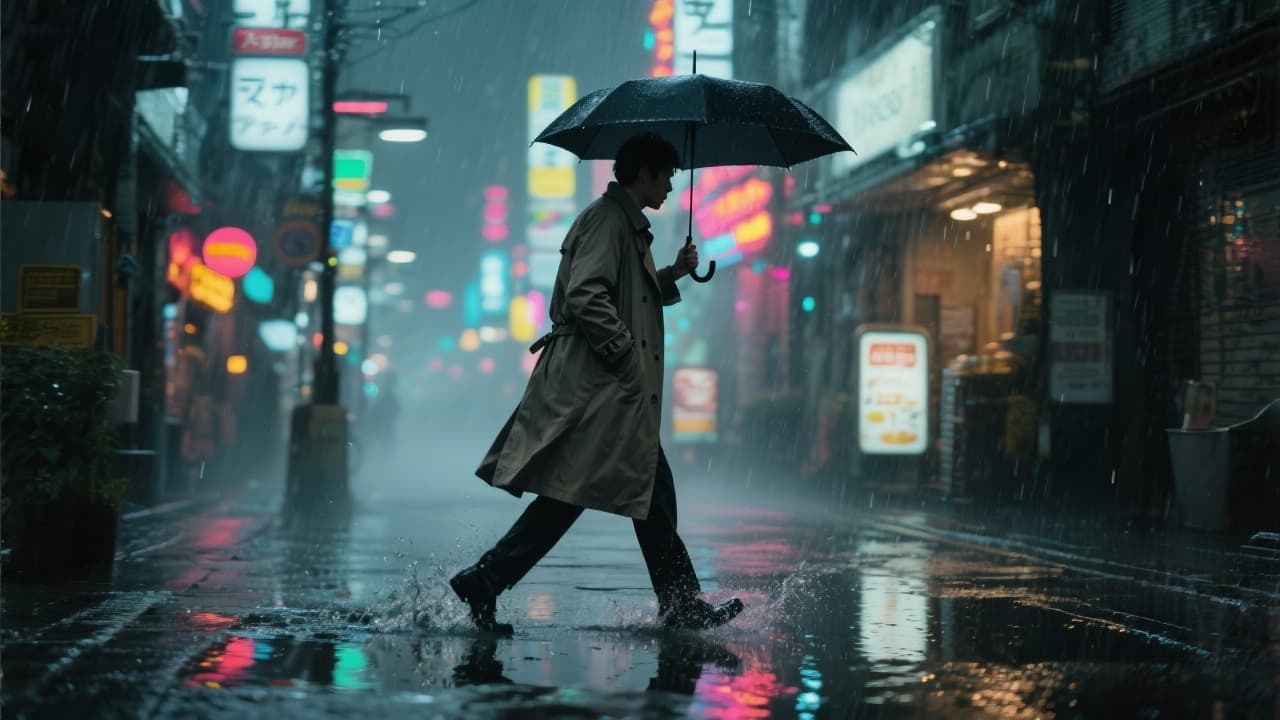Man in trench coat with umbrella walking through rainy Tokyo neon streets