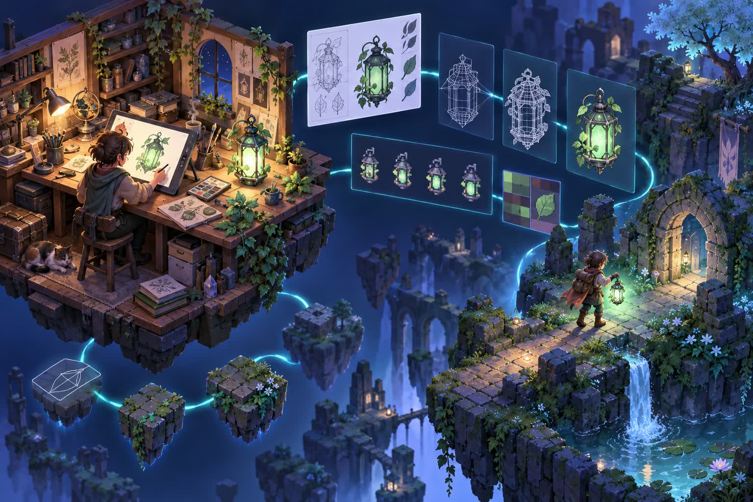 Isometric concept illustration showing a glowing botanical lantern on an art workbench and carried by an adventurer in a mossy game world